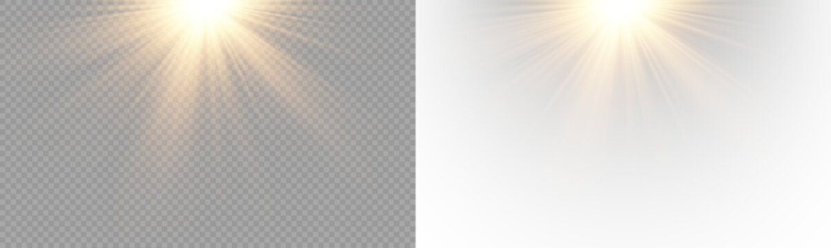Yellow star flashed with sparkles sun isolated on white background. Soft glow without departing rays, sunlight with lens flare effect. PNG vector light effect

