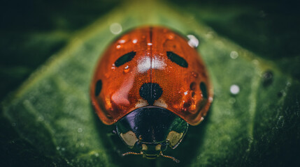 Fototapeta premium close-up of a ladybug on a fresh green leaf, macro photography