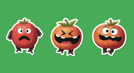 Fototapeta premium Three Cartoon Tomatoes with Different Facial Expressions on Green Background.