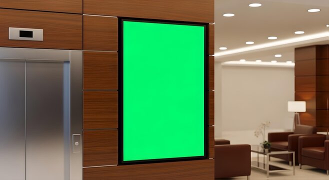 Vertical green screen display mounted on wood panel wall in a modern lobby with elevator and lounge seating.