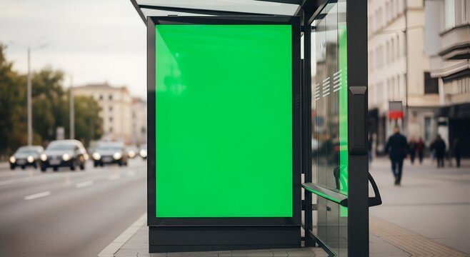 Blank green screen billboard mockup on an empty bus stop shelter in a busy city street.