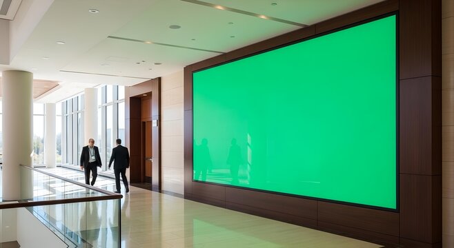 Large green screen display in a modern corporate lobby with two businessmen walking away in the background.