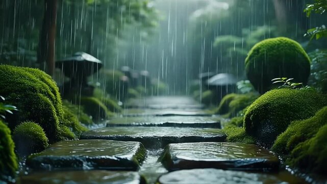 Cinematic Slow Motion Close-up of Rain Falling on Mossy Stone Path in Traditional Japanese Garden, Zen Nature Concept