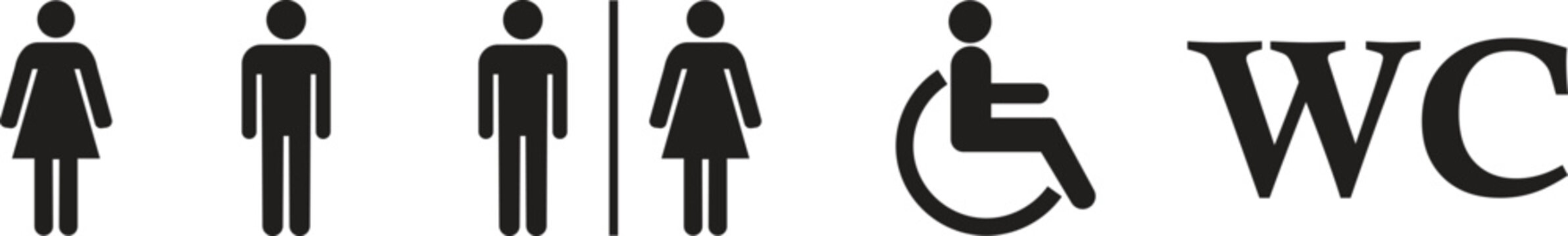Unisex toilet icon set in flat styles. Restroom signs, featuring male and female figures, wheelchair accessible vectors, wc lettering for public bathroom wayfinding and inclusive facility signage.