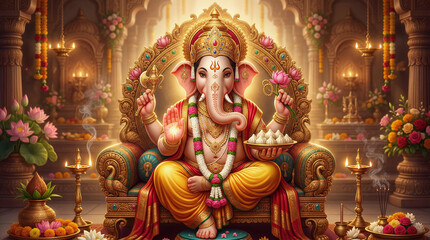 Fototapeta premium Seated on decorated throne, Modak sweet, elephant head, warm soft divine lighting
