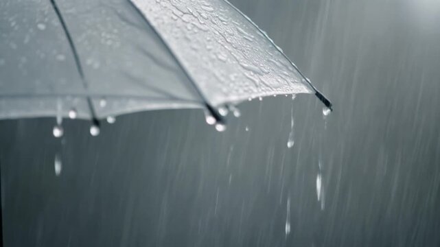 Cinematic Slow Motion Close-up of Raindrops Falling and Bouncing Off Transparent Umbrella Surface, Rainy Day Concept