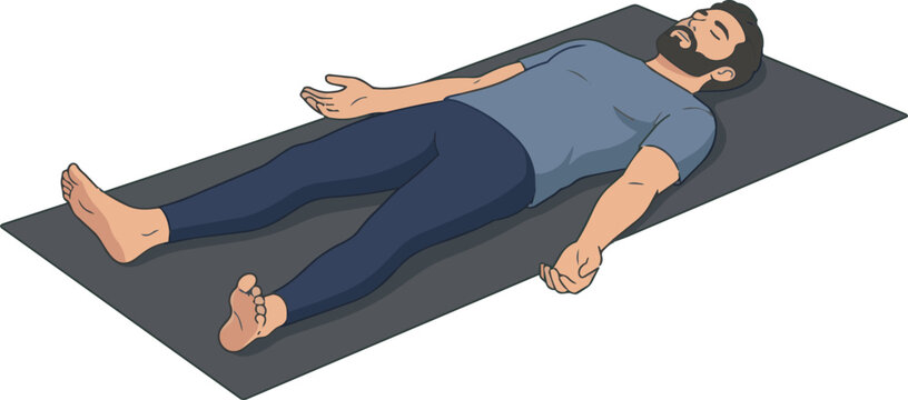 A digital illustration of a bearded man lying flat on his back on a yoga mat in the "corpse pose" (Savasana). He is fully relaxed with his arms at his sides and palms facing up.