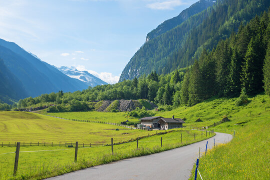 country road Stilluptal valley, spring landscape austria tyrol, near mayrhofen