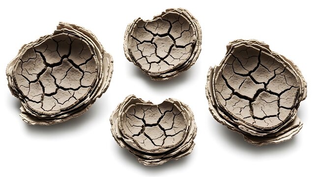 Three dried walnut shells cracked open isolated on white background macro close-up