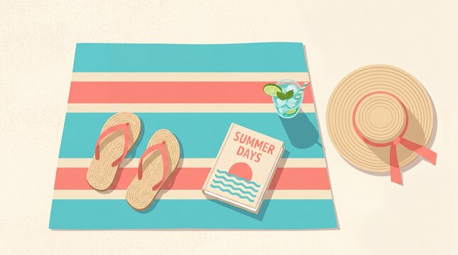 Top view of a colorful striped beach towel lying on sand with pink flip flops a straw hat a refreshing cocktail and a summer days book celebrating happy vacation