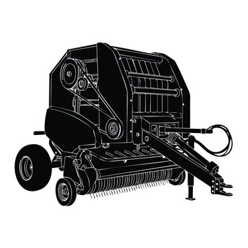 Silhouette modern agricultural round hay baler machine for farm set.