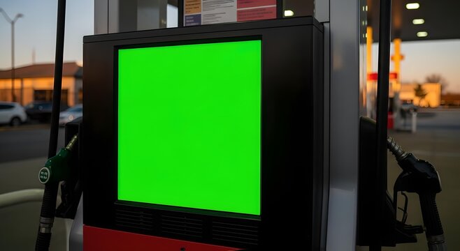 Gas pump with a green screen display at a station at dusk.