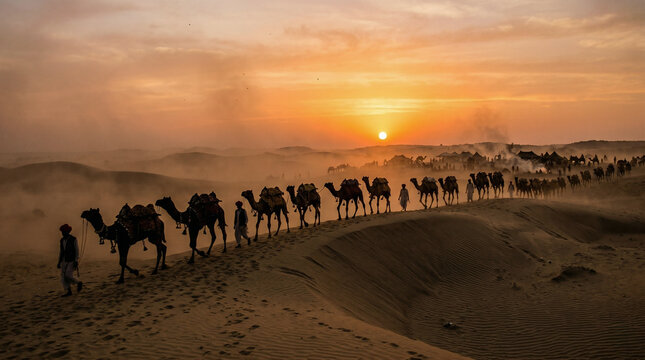 Pushkar Camel Fair, Silhouettes of decorated camels walking across sand dunes at golden hour sunset, dusty atmospheric perspective