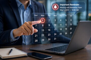 Fototapeta premium Businessman using holographic calendar and digital reminder for meeting.