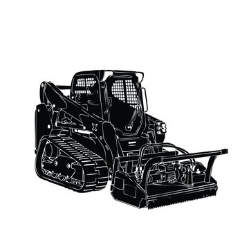 Skid steer loader silhouette with mulcher attachment bundle.