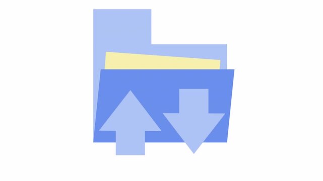 Blue folder icon with upload and download arrows isolated on the alpha channel. Flat design data transfer and file management concept. Cartoon folder with synchronization arrows for cloud storage sign