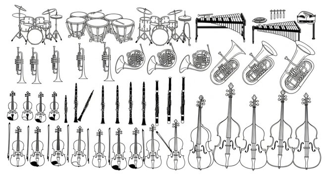 Collection of Musical Instruments in Black and White Sketch.