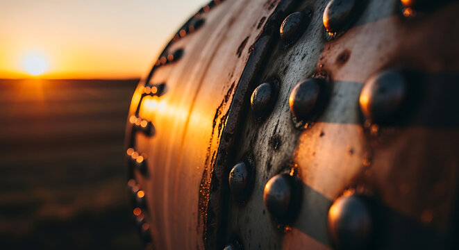 Close-up of a metal cylinder with rivets and orange stripes at sunset, industrial texture, warm golden light