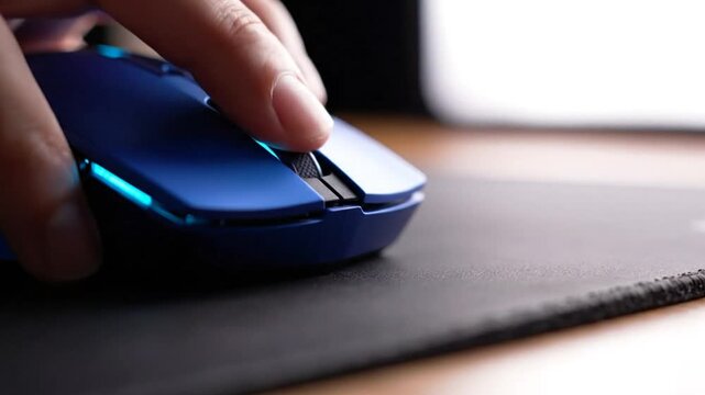 Close-up of a blue gaming mouse being scrolled with a finger on a black mouse pad
