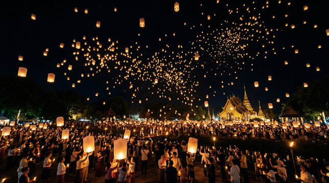 Pingxi Lantern Festival, Cinematic landscape photography of thousands of glowing paper lanterns ascending into a deep twilight blue sky over the mountains of Taiwan. 