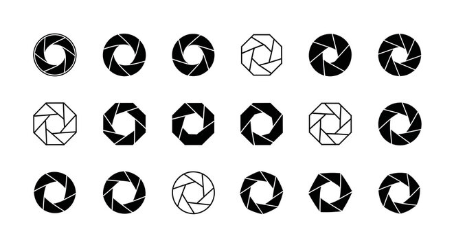 Set of Aperture Icons representing camera lens diaphragm opening in various designs