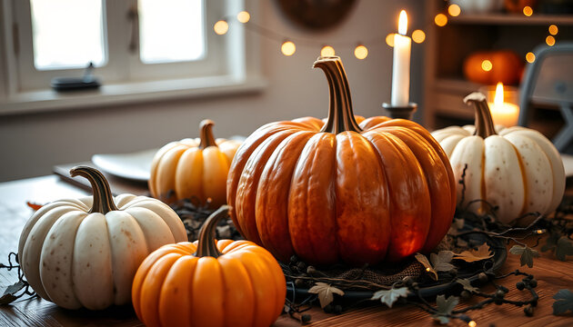 Thanksgiving - Pumpkins On Rustic Table With Candles And String Lights. White tone