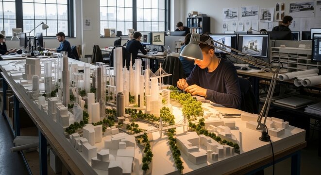 Architectural Designer Meticulously Works on City Model
