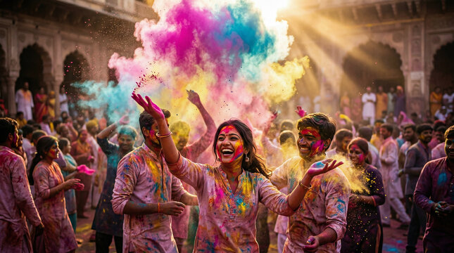 Holi in Vrindavan, Ultra-realistic slow-motion cinematic capture of the Holi festival. Huge clouds of vibrant magenta, cyan, and yellow gulal powder suspended in the air. 