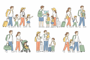 Fototapeta premium Family traveling with luggage and exploring new destinations in illustration 