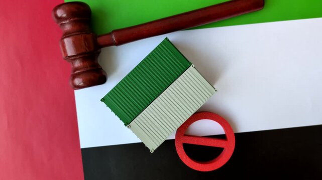 The cargo container ban on the UAE flag as a conceptual backdrop for the export and logistics of goods. The cargo container embargo on the UAE flag as a backdrop for your design