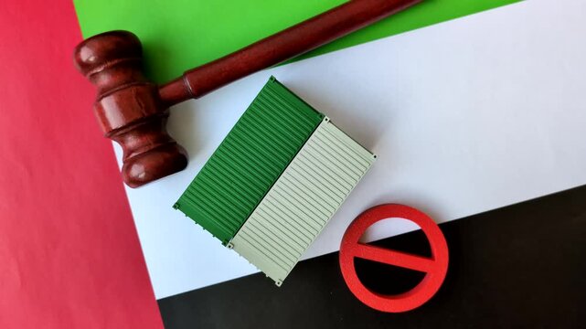 The cargo container ban on the UAE flag as a conceptual backdrop for the export and logistics of goods. The cargo container embargo on the UAE flag as a backdrop for your design