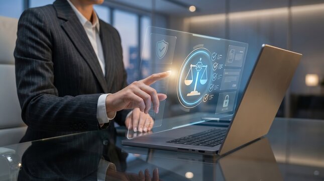A businesswoman interacts with a futuristic digital interface on her laptop in a modern office setting.