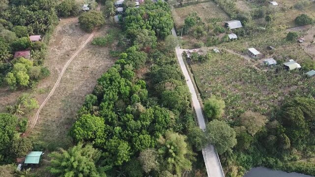 long, narrow road paved on the rugged terrain of a forested agricultural settlement at the outskirts of a small town. Drone, aerial