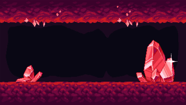 Retro 8 bit pixel cave landscape with platforms and large crystals. Seamless horizontal level scene used for underground platform game environments. Vector illustration.
