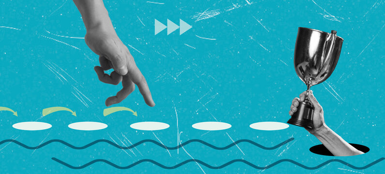 Art collage showing a hand reaching towards a trophy above waves with a blue background and simple graphic elements