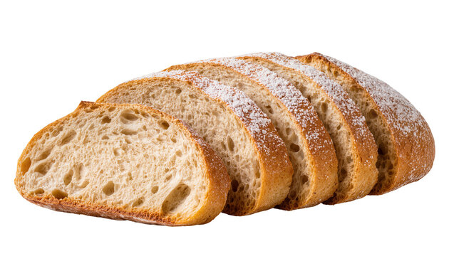 Sliced rustic loaf dusted with flour, showing airy crumb structure