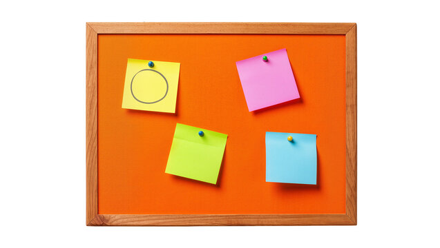 Wooden framed corkboard with four colorful sticky notes pinned