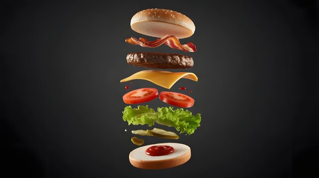Floating gourmet burger with fresh ingredients in dark moody lighting for food advertising
