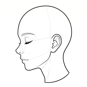 Hand drawn technical line art of a bald head base sleeping ordinary human ears side profile.