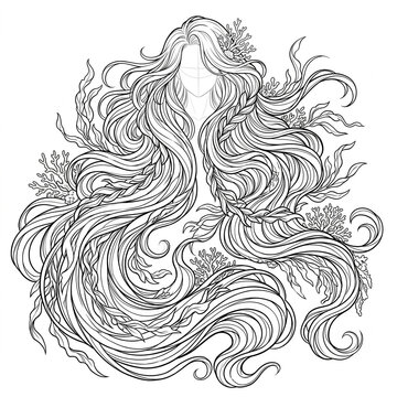 Hand drawn technical line art of mermaid hair with seaweed front view builder stamp.