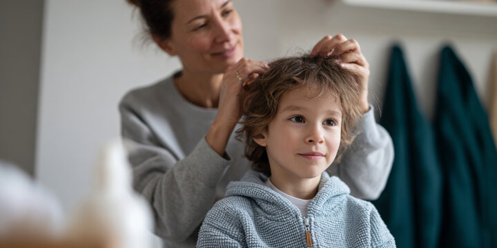 Mother inspecting boy scalp for lice