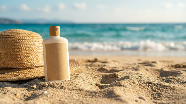 Straw hat and sunscreen bottle on sandy beach with ocean waves, summer lifestyle photo.