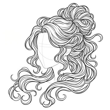 Hand drawn technical line art of a massive messy bun mermaid hair 3/4 view builder.