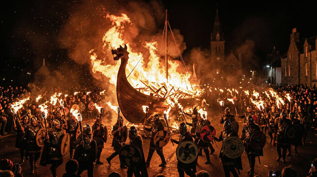 Up Helly Aa Scotland, Viking fire festival, massive burning galley ship, torchlit procession, dramatic night shot, high contrast action