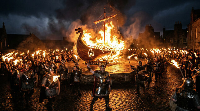 Up Helly Aa Scotland, Viking fire festival, massive burning galley ship, torchlit procession, dramatic night shot, high contrast action