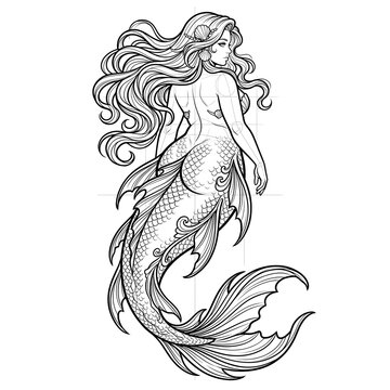 Hand drawn technical line art of a plus size curvy mermaid looking over right shoulder back view.