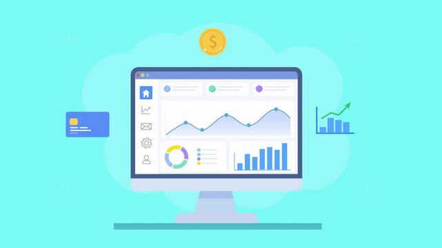 Flat vector animation of a desktop analytics dashboard with charts, payment card, coin, and growth graph icons. Concept of financial tracking, revenue growth, and digital transactions.