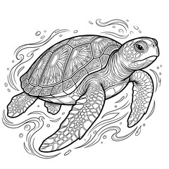 Fototapeta premium Hand drawn technical line art of a majestic swimming sea turtle companion isolated.