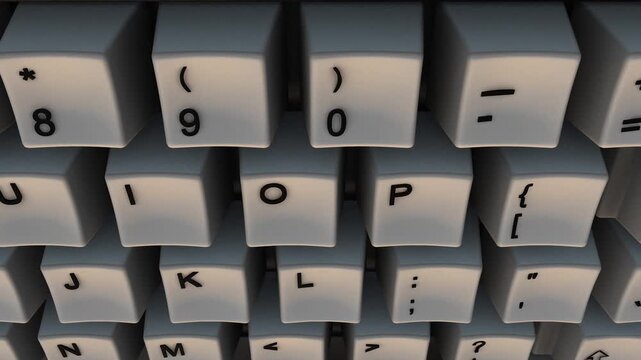 Fast Moving Tracking Shot Along Computer Keyboard with Dynamic Lighting with All Classic Keys Visible. Great for business presentations, online education, and workplace productivity. 4K Animation.