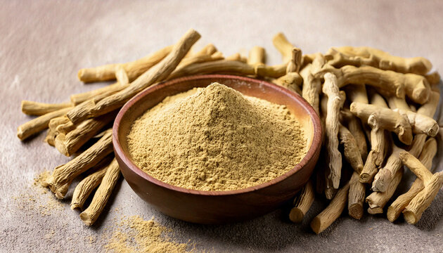 Ashwagandha roots and fine powder in bowl on wooden surface, neutral tones and soft light, Ayurvedic herbal supplement concept for stress relief, immunity, wellness and natural holistic health care